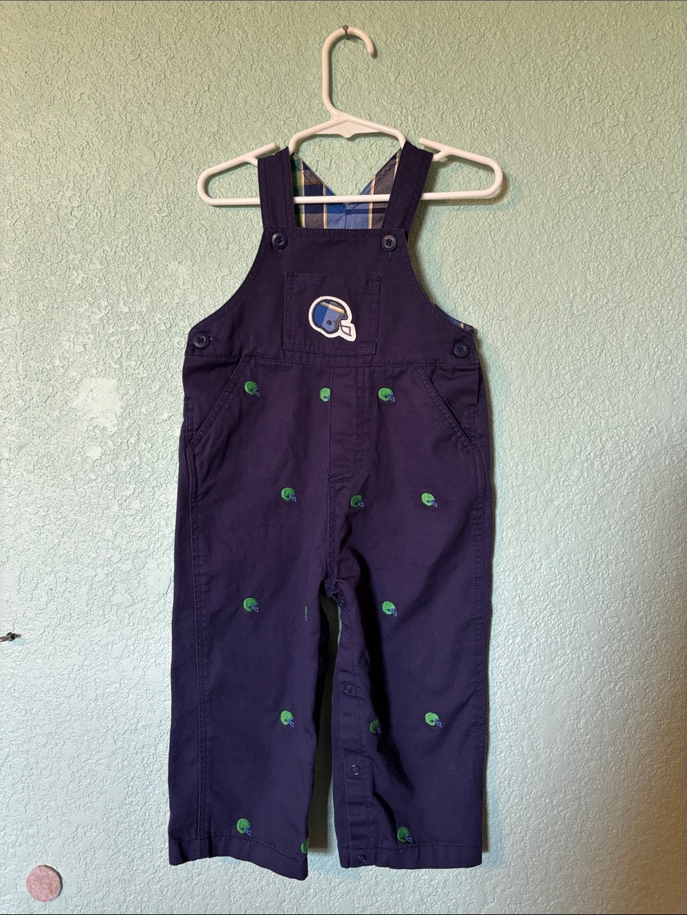 Hartstrings Navy Baby Football Overalls with Green Helmet Accents, 24 mos - good